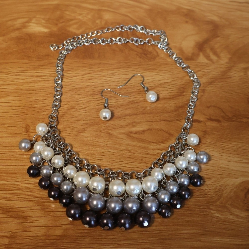 Ombre Faux Pearl Bib Necklace Earring Set Womens Grey White Black Party Office